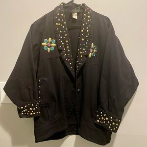 Vintage Route 66 - Embellished Black Oversize Jacket with Colorful Accents